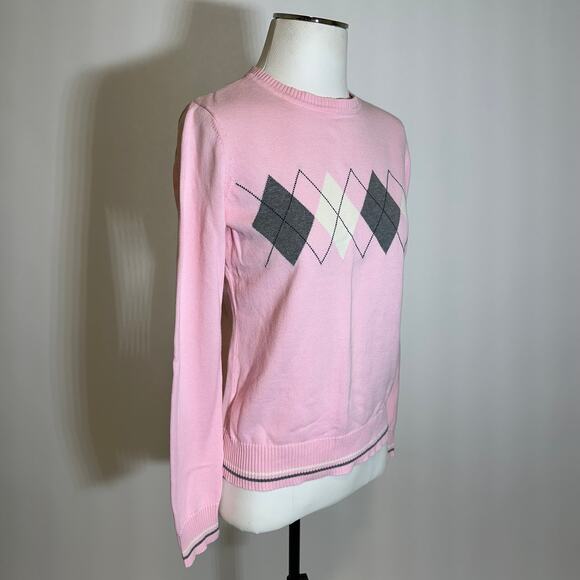 IZOD Pink/White/Gray Argyle Sweater Womens Size Small S Y2K 2000s 100% Cotton - Picture 2 of 11
